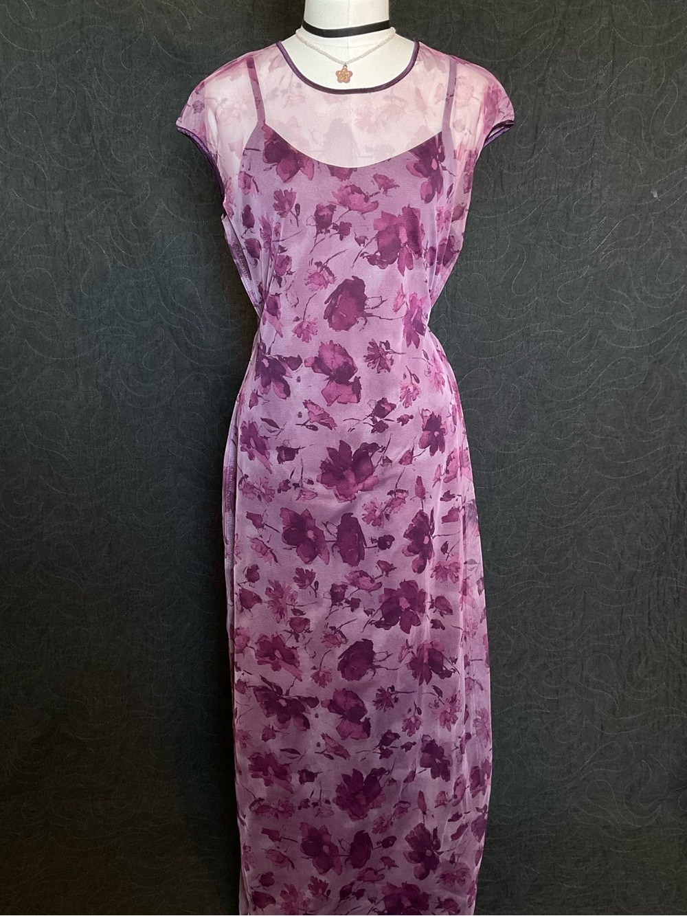 Sheer Purple Floral Maxi Dress with Dark Purple Slip